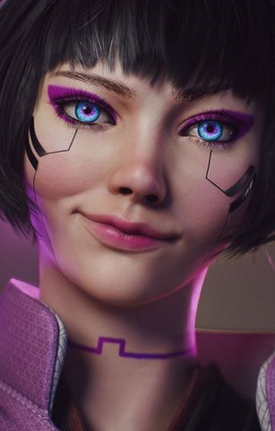 Arte digital de uma androide feminina de olhos azuls.