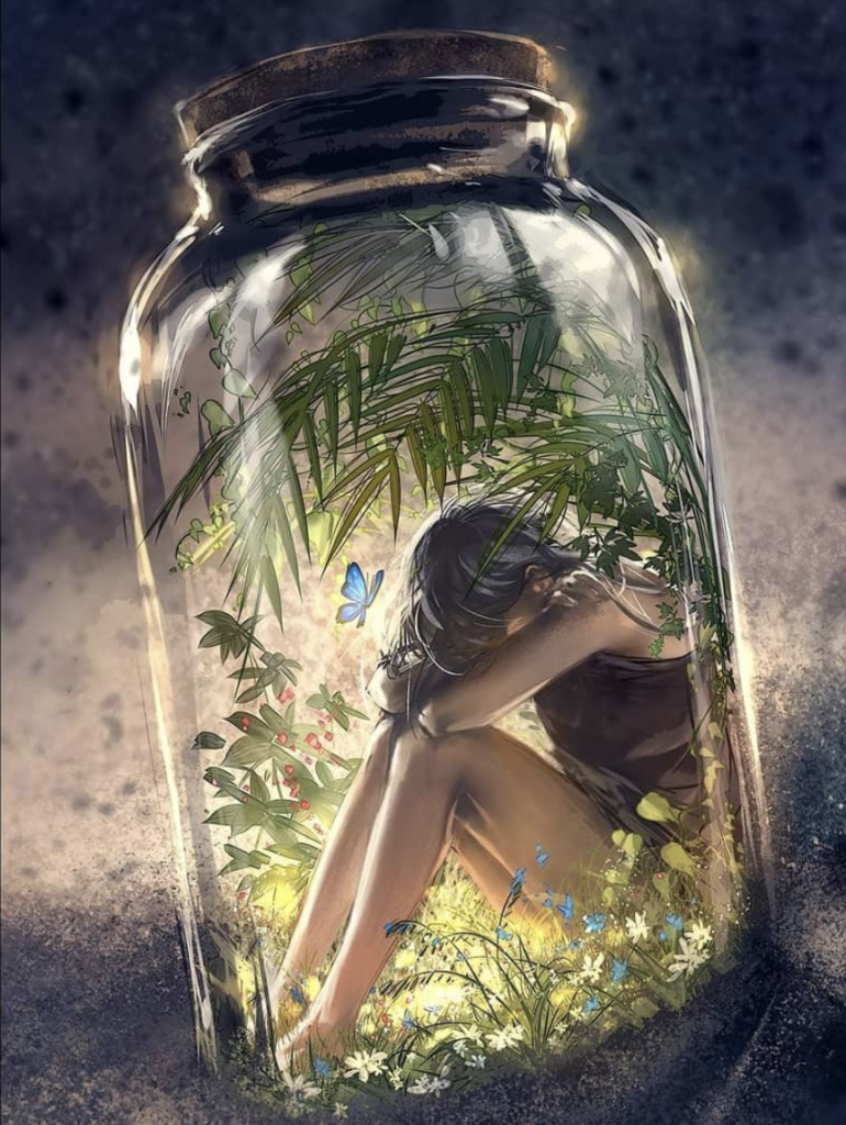 Arte de uma menina presa em um jarro, como um terrário.