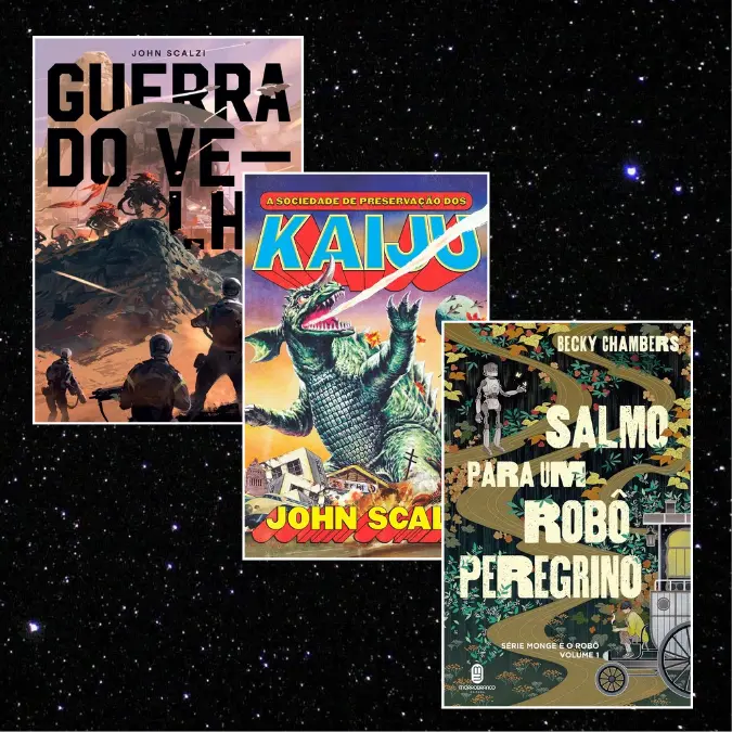 Capas dos livros Guerra do Velho e Sociedade de Preservação dos Kaiju (john Scalzi) e Salmo para um robô peregrino (Becky Chambers).