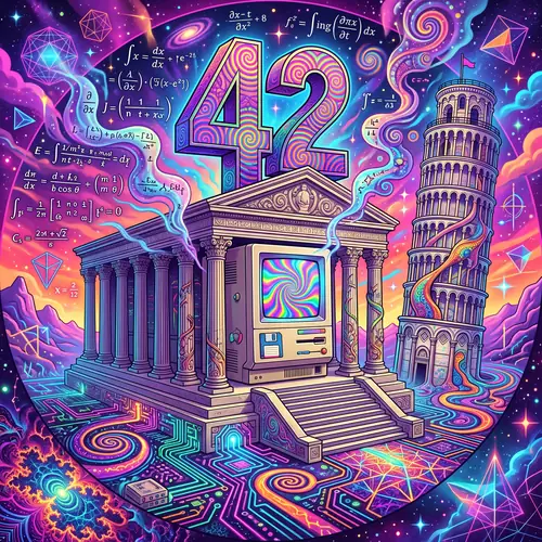 Ilustração psicodélica com um grande "42" flutuando sobre um templo grego que abriga um computador antigo, ao lado da Torre de Pisa, cercados por equações matemáticas e circuitos coloridos.